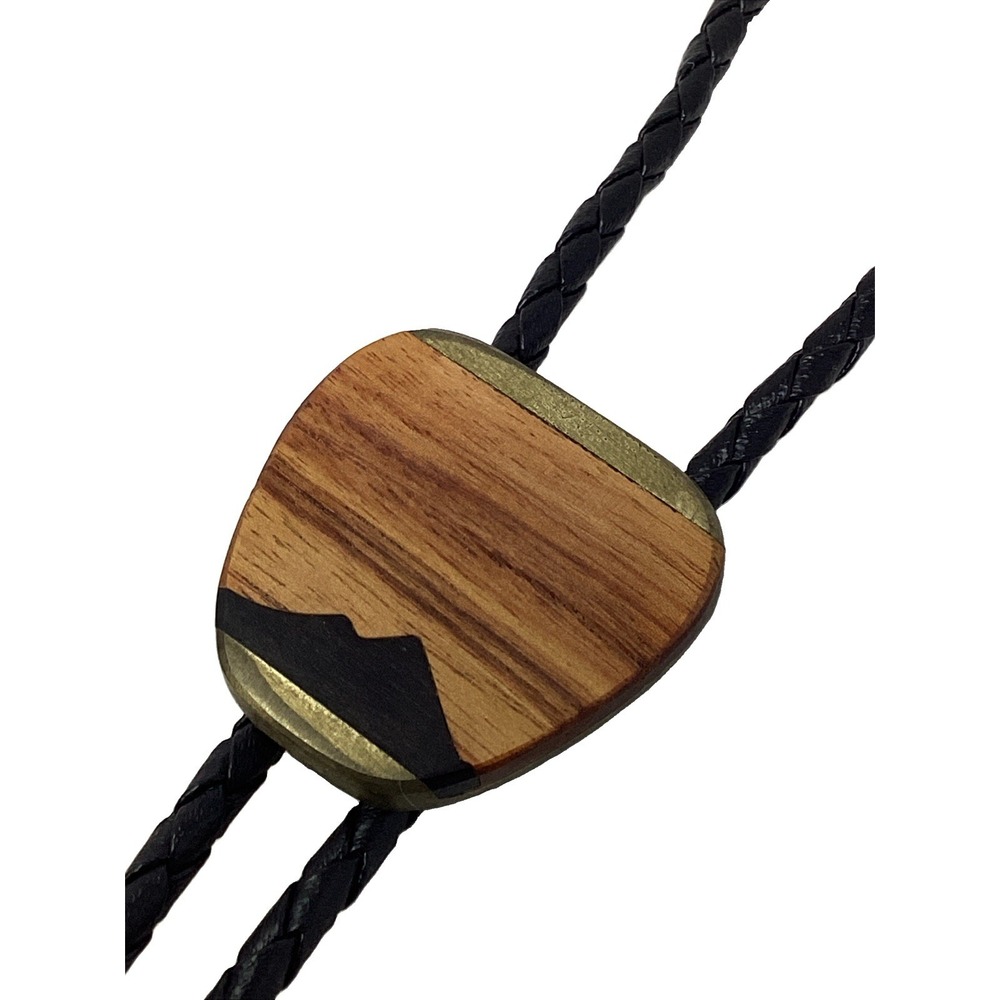 Vtg Sky West Natural Polished Layered Wood & Brass Bolo Tie Silver Tips Leather